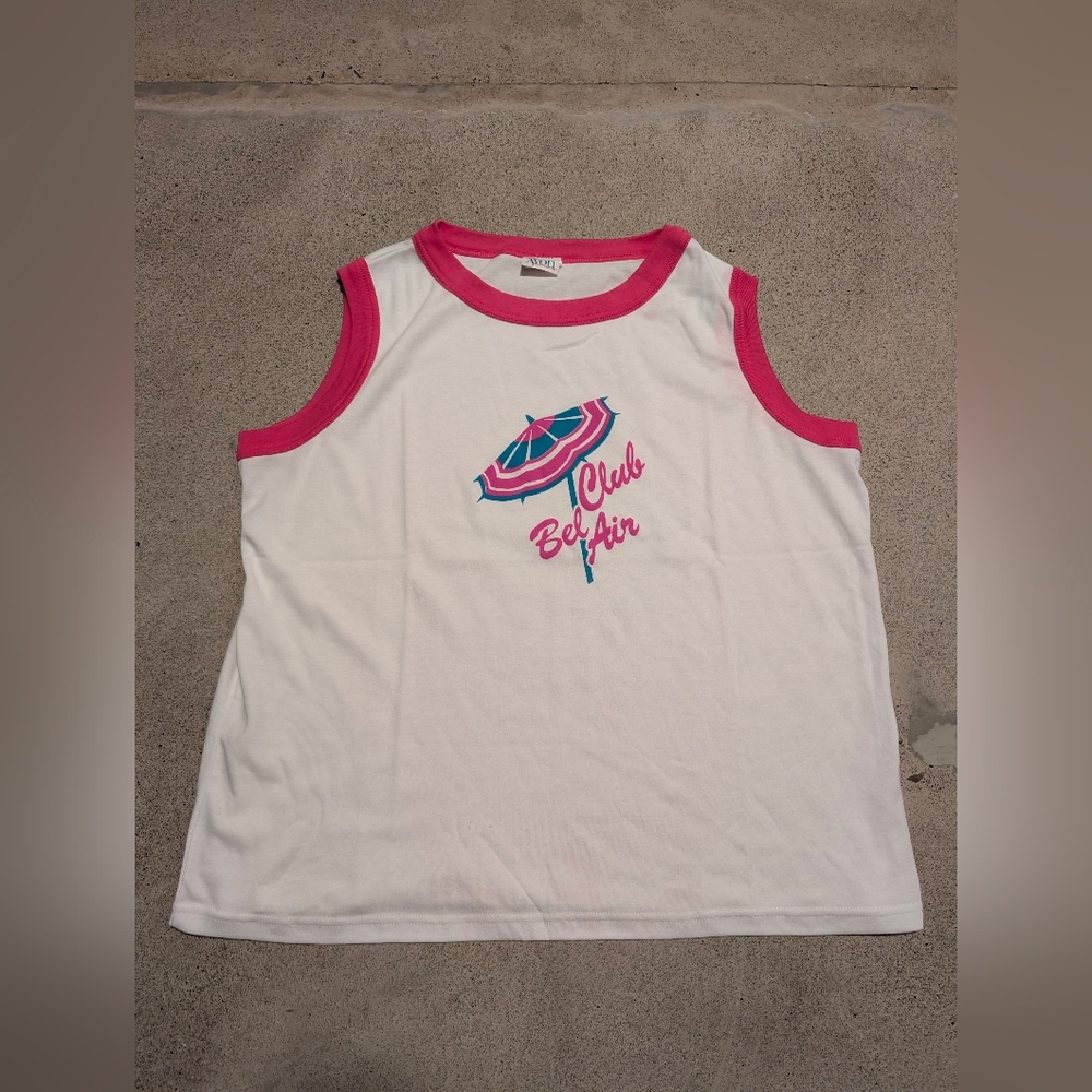 Avon White Tank Top with Pink and Blue Accents